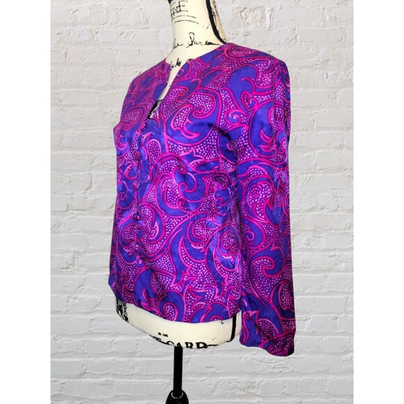 Adrianna Papell Silk Blouse Womens 10 Paisley Print Button Front Purple Pink - Picture 2 of 6
